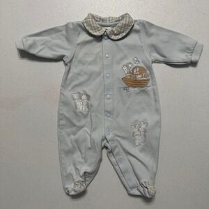 Starlight Kids Light Blue Noahs Ark Embroidered Footie Pajamas Plaid Sz 3 Months